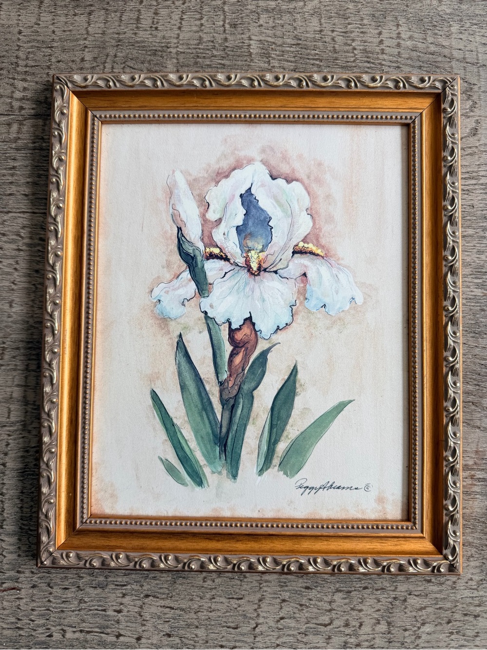 Peggy Abrams Iris Floral Art Print in Gold Ornate Frame vintage cream